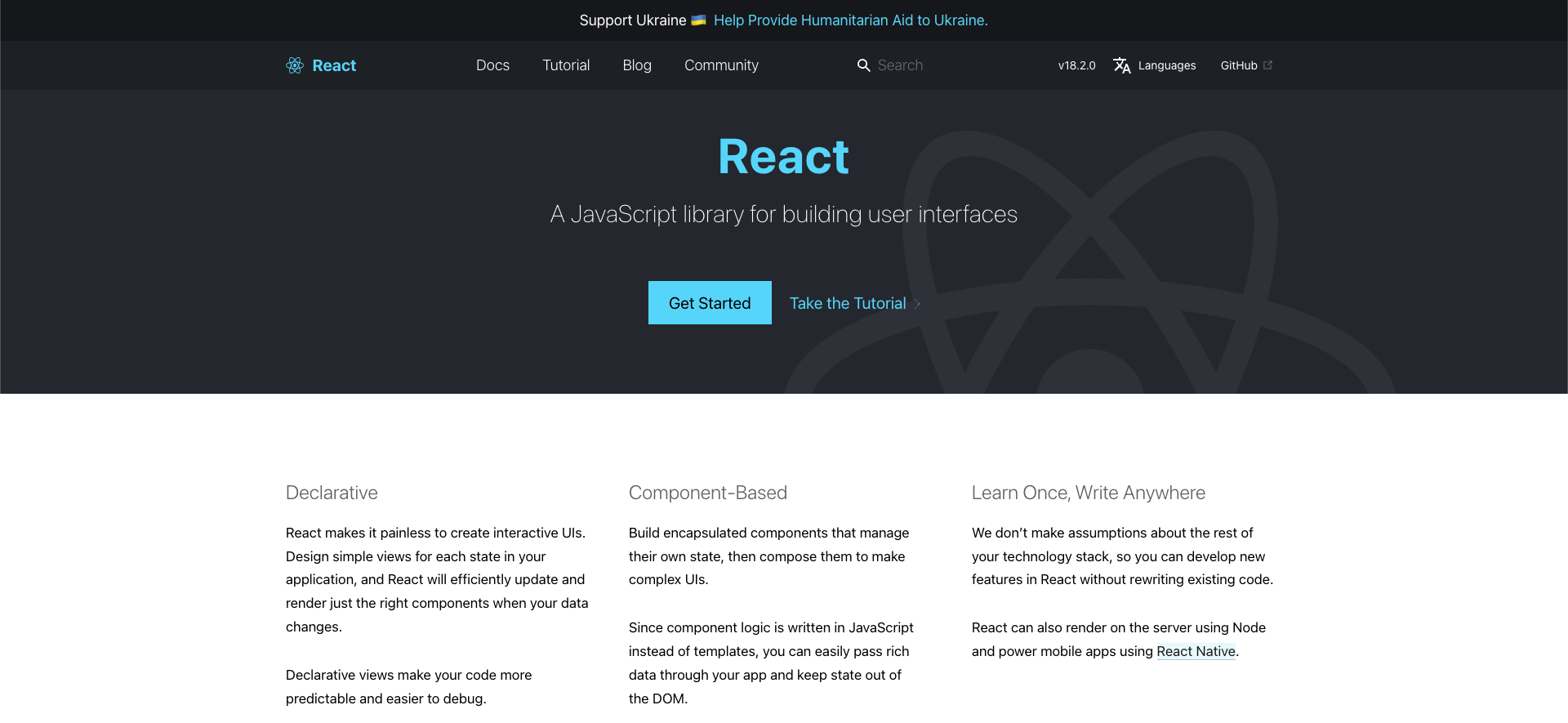 preview of the React.js homepage